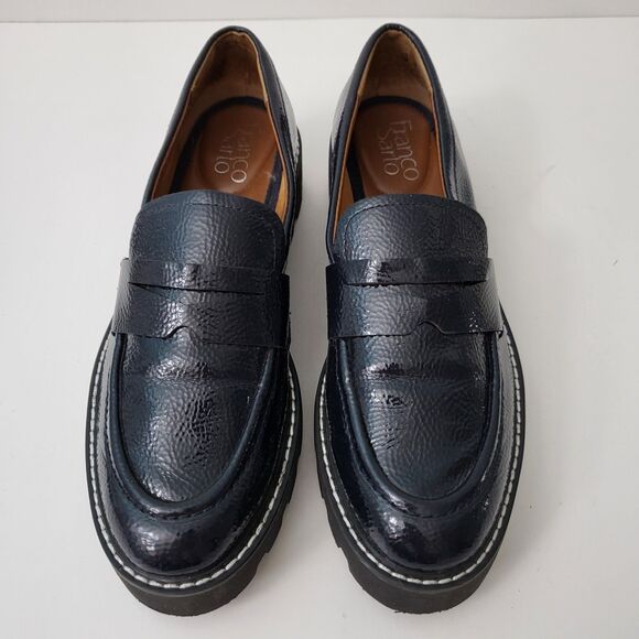 FRANCO SARTO Bazel Penny Loafers Shoes Womens 7 Dark Navy Blue Patent Vegan Lug - Picture 2 of 9